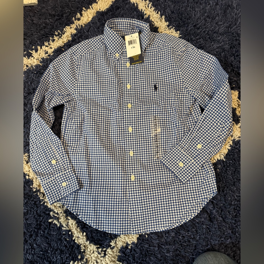 Navy blue and white gingham dress shirt- size S (8)